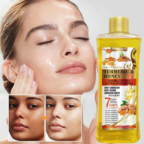 Amococo Turmeric & Honey Super Whitening Body Oil – Face & Body Corrector, Fades Dark Spots, Anti-Aging, Moisturizing, 250ml