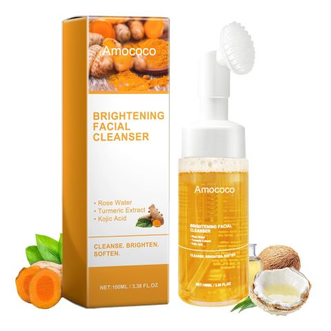 Amococo Brightening Facial Cleanser – Turmeric & Kojic Acid Mousse Cleanser with Built-in Soft Silicone Brush Head, Rose Water Infused, Gentle Deep Cleansing, Brightens & Softens Skin, Suitable for Al