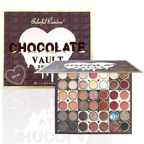 Colorful Rainbow Chocolate Vault 42-Color Eyeshadow Palette – Real Cocoa Infused, Matte & Shimmer, Waterproof, Long-Lasting, Versatile Shades for Any Look
