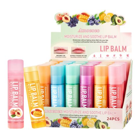 Amococo 24Pcs Moisturize & Soothe Lip Balm Set – 6 Fruity Flavors, Long-Lasting Hydration, Repairs Dry Chapped Lips, Non-Greasy Formula with Vitamin E & Beeswax, Perfect Gift Set