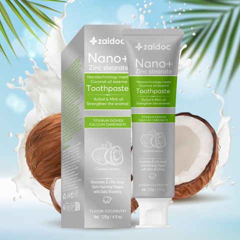 zaidoc Nano+ Coconut Oil Toothpaste – Nanotechnology Formula with Zinc Stearate, Coconut Oil Essence, Xylitol & Mint, Strengthens Enamel, Removes Plaque & Stains, Freshens Breath, Fluoride-Free, 120g/