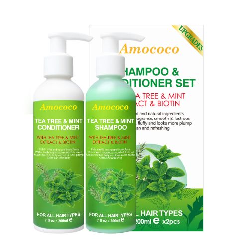 Amococo Tea Tree & Mint Shampoo and Conditioner Set – Biotin Infused 2-in-1 Hair Care Kit, Controls Oily Scalp, Promotes Hair Growth & Strength, Reduces Breakage, Refreshing Clean, All Hair Types, 200