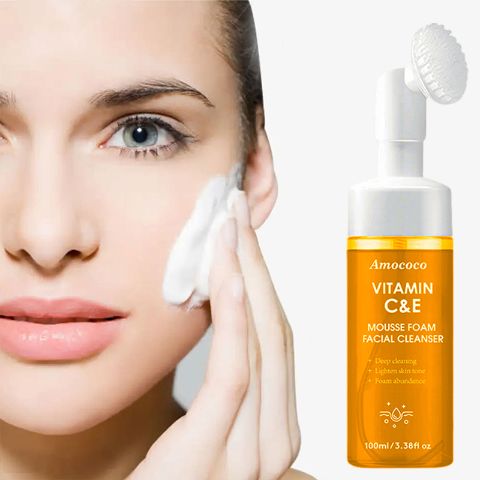 Amococo Vitamin C&E Mousse Foam Facial Cleanser – Deep Cleansing & Brightening Formula, Soft Foam Gently Cleans Pores, Evens Skin Tone, Hydrates & Non-Irritating, Suitable for All Skin Types, 100ml/3.