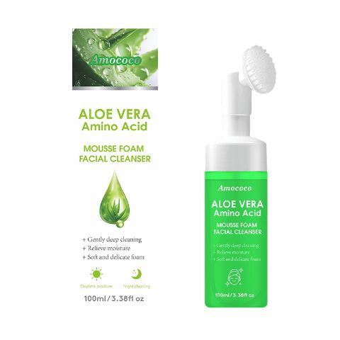 Amococo Aloe Vera Amino Acid Mousse Foam Facial Cleanser with Silicone Massage Brush Head – Gentle Deep Cleaning, Moisturizing & Soothing, Soft Delicate Foam, Suitable for All Skin Types, 100ml/3.38fl