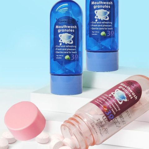 Amococo Mouthwash Granules – 30 Pcs Portable Breath Freshener Tablets, Cool Mint & Strawberry Mint, Gentle Teeth & Gum Care, Removes Odor, Travel-Friendly Oral Care, 18g/0.65oz