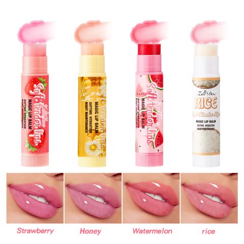 ZaiDoc Magic Lip Balm Set – 2-in-1 Lip Gloss & Night Repair Balm, Daytime Hydration & Night Maintenance, Soft Tender Lips, 4 Flavors (Rice/Strawberry/Honey/Watermelon), Natural Extract Formula