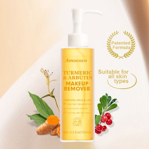 Amococo Turmeric & Arbutin Makeup Remover Oil – Gentle Deep Cleansing Oil for Eyes, Face & Lips, Dissolves Stubborn Makeup, Purifies Pores, Non-Greasy Non-Tight, Brightens & Nourishes Skin, All Skin T