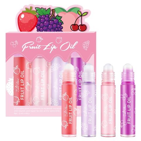 ZaiDoc Fruit Lip Oil Set – 4-in-1 Moisturizing Lip Oil with Roller Ball Applicator, Strawberry Grape Peach Cherry, Repairs Dry Chapped Lips, 24H Hydration, Natural Fruit Extracts, 6ml x 4