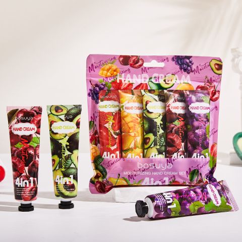 bosuya 4-in-1 Moisturizing Hand Cream Set – 5 Fruit Flavors (Strawberry, Mango, Avocado, Cherry, Grape), Long-Lasting Fragrance, Lightweight Non-Sticky, Improves Dullness & Dryness, 30g x 5