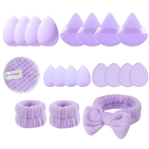 20Pcs Triangle Makeup Puffs Set – Wet/Dry Use Cosmetic Sponges, Soft & Skin-Friendly, For Powder, Liquid & Cream Foundation, Includes Cute Coral Fleece Headband