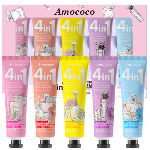 Amococo 4-in-1 Perfume Hand Cream – Long-Lasting Moisturizing & Nourishing Hand Care, Non-Greasy Fast Absorption, 5 Luxury Fragrances, 30g Each