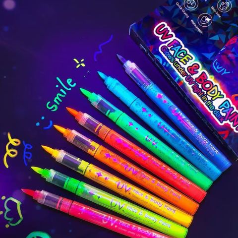 8-Color UV Neon Face & Body Paint Pens – Fluorescent Glow Markers for Temporary Tattoos, Skin-Safe & Quick-Drying Waterproof, Ideal for Halloween, Festivals, Raves & Parties