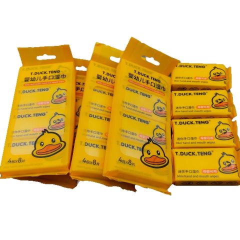 T.DUCK.TENG Mini Hand & Mouth Wipes – 4-Pack Travel Size Baby Wipes, Alcohol-Free & Hypoallergenic, Gentle for Babies & Toddlers, 8 Sheets per Pack