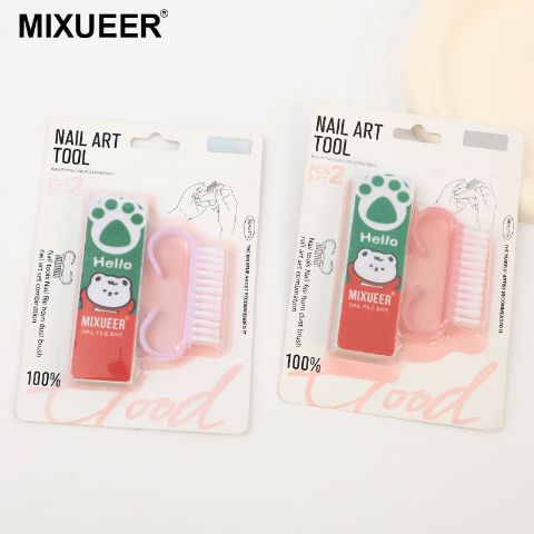 MIXUEER 2-Piece Nail Art Tool Set – Double-Sided Nail File & Dust Brush, Professional Manicure Kit with Polishing Strip and Goat-Hair Cleaning Brush, Eco-Friendly Material, Comfortable Grip