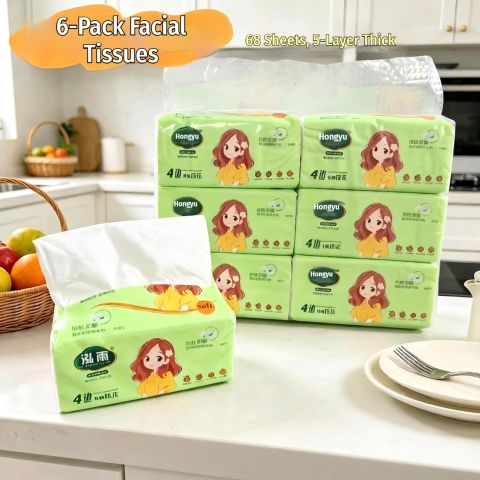 Hongyu 6-Pack Facial Tissues – 5-Layer Thick Soft Tissues, Skin-Friendly & Gentle on Face, Durable & Tear-Resistant, Ideal for Family Daily Use