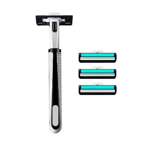 Max 3+1 Manual Razor Set (1 Handle + 3 Blade Cartridges) | Dual‑Layer Rotating Blades, Aloe Lubricating Strip, Full Waterproof, Ergonomic Non‑Slip Handle