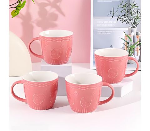 Pink Strawberry Embossed Ceramic Mug - 3D Fruit Design Coffee Cup with Wave Rim, Microwave & Dishwasher Safe, Cute Aesthetic Drinkware for Home, Office, and Gift