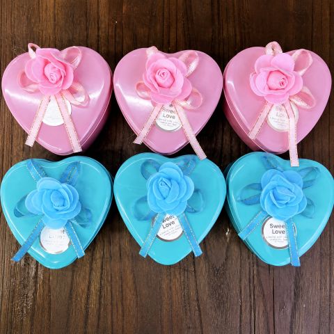Heart Shape Gift Box with Rose - Sweet Love Keepsake Tin Box, Artificial Rose & Ribbon Decoration, Valentine Gift Idea for Her, Pink & Blue