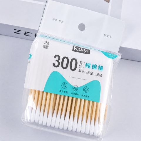 Cotton Swabs 300 Pcs - Wooden Stick Cotton Buds for Ear Cleaning, Makeup & Baby Care, Soft Cotton Tips, Household Essential Bag Pack