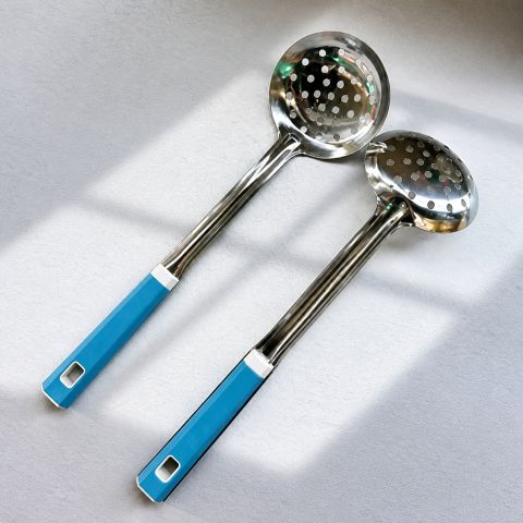 Professional Stainless Steel Skimmer with Blue Wood Grain Handle Kitchen Slotted Spoon
