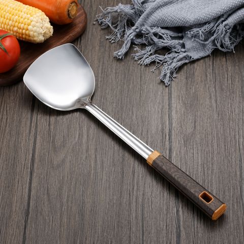 Professional Wood-Grain Handle Stainless Steel Spatula 1.0mm Thickened Heavy Duty Turner
