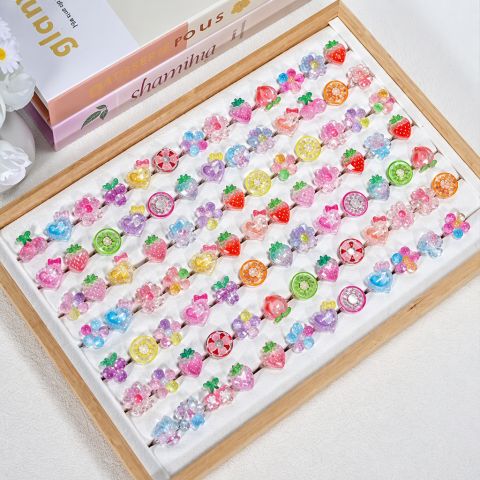 Children's Adjustable Cartoon Jewelry Rings Set with Wooden Display Box Gift for Kids