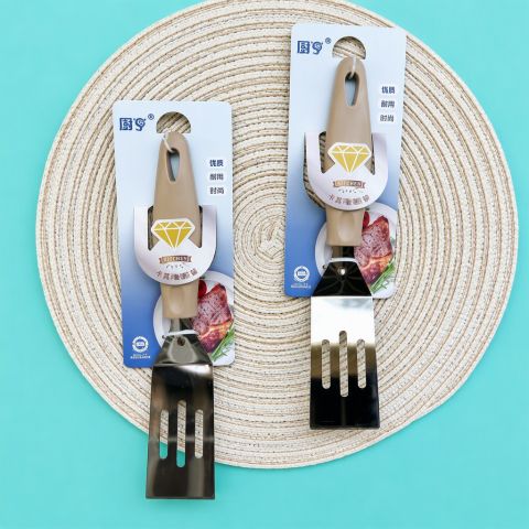Khaki 3-Line Slotted Fried Spatula Professional Stainless Steel Turner with Comfort Handle