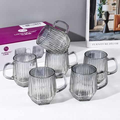 Smoke Gray Vertical-Ribbed Hexagonal YH Handled Glass Cup