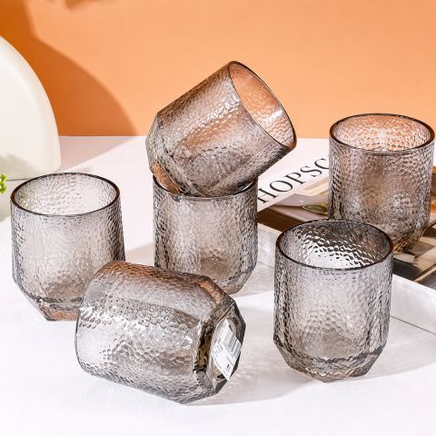 Smoke Gray Hammered Hexagonal YH Glass Cup