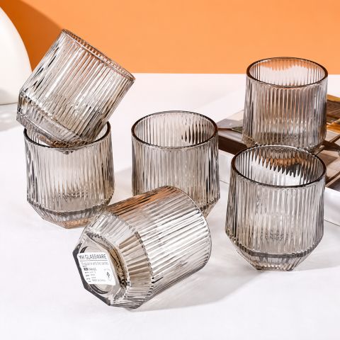 Smoke Gray Vertical-Ribbed Hexagonal YH Glass Cup