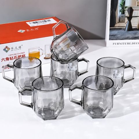 Smoke Gray Hexagonal Handled Glass Cup Decorative Mug