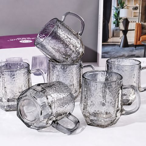 Smoke Gray Hammered Hexagonal YH Handled Glass Cup