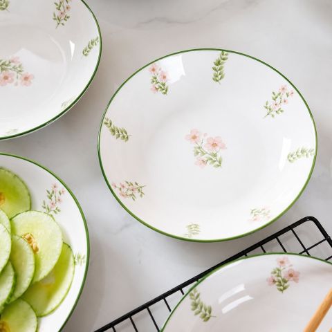 Fresh Floral Ceramic Plate with Green Rim, 8 Inch