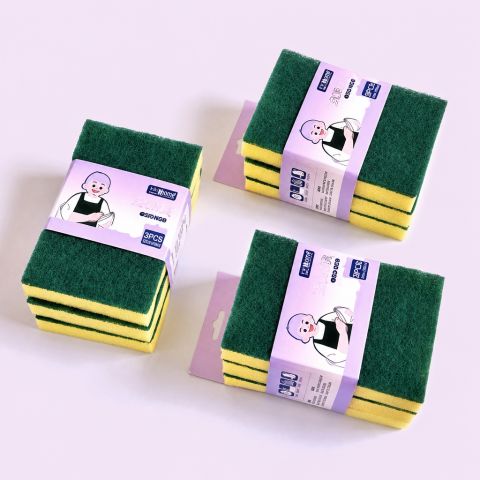 Three Green Cleaning Sponge Packs with Yellow Scrubbing Layers