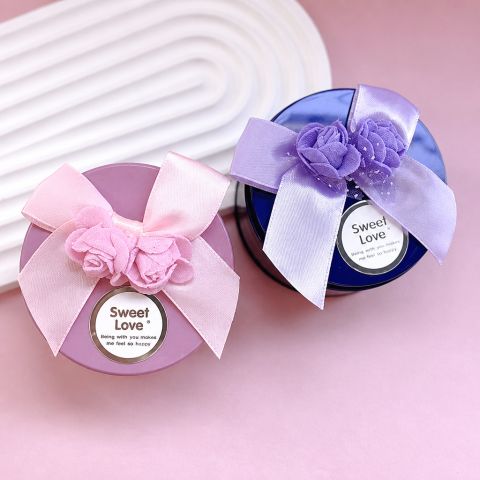 Round Decorative Gift Box with Ribbon and Random Flower Design