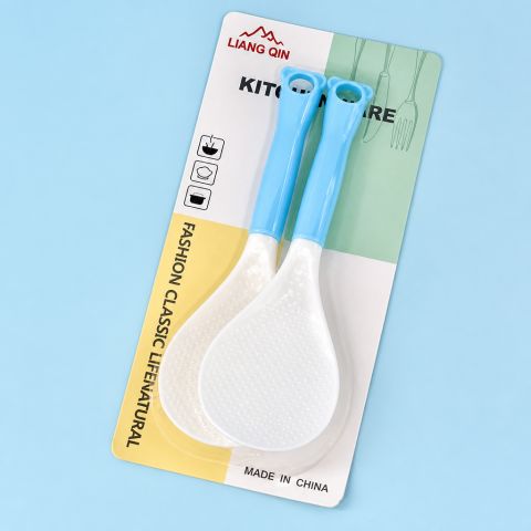 Two-Piece White Rice Spoon Set with Blue Handles