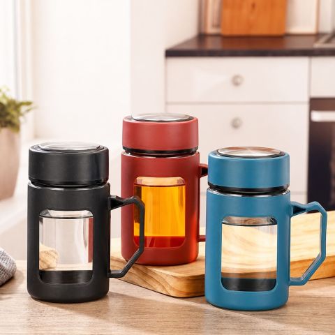 Office Business Handled Glass Cup with Lid