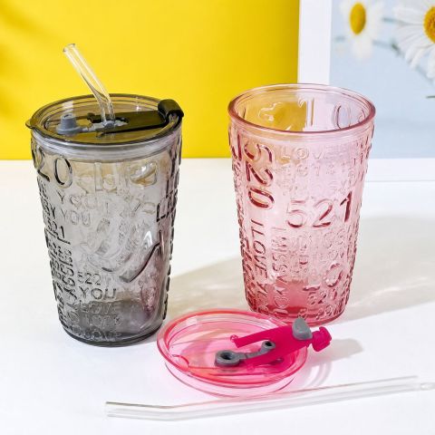 Heart-Letter Straight Tumbler with Lid and Straw, 500ml