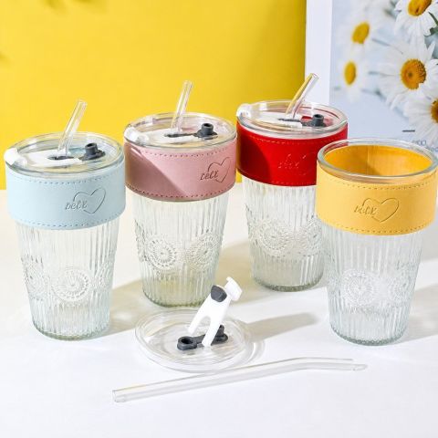 Fashion Leather-Sleeve Straight Tumbler with Lid and Straw, 500ml