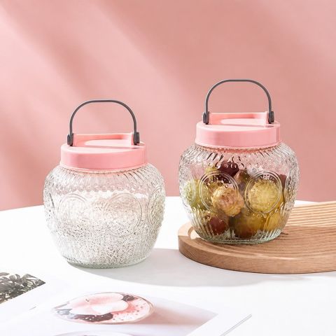 Handled Textured Glass Storage Jar with Pink Lid