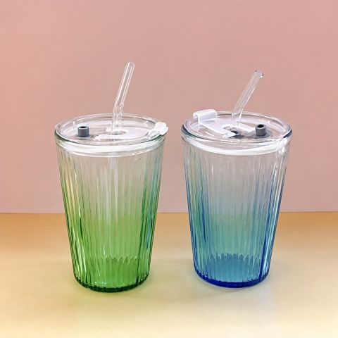 Colorful Vertical-Ribbed Cup with Lid and Straw