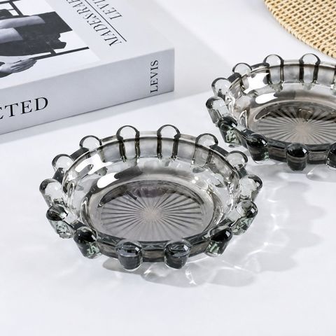 Smoke-Gray Large Round Faceted Glass Ashtray
